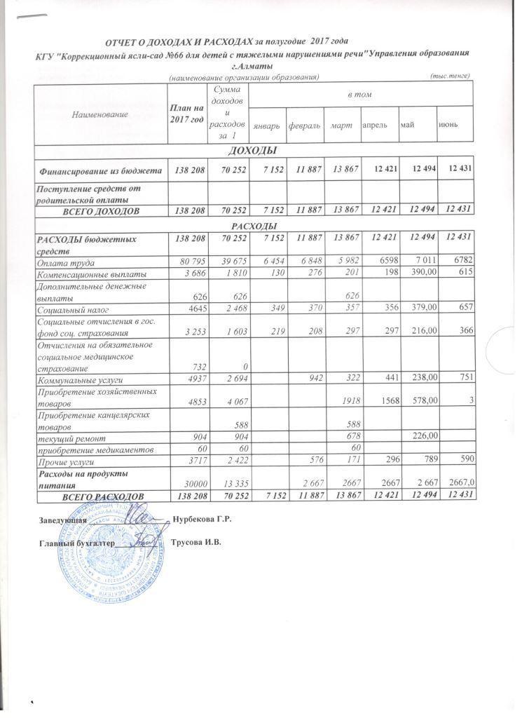 Отчет о доходах и расходах за полугодие 2017 г.