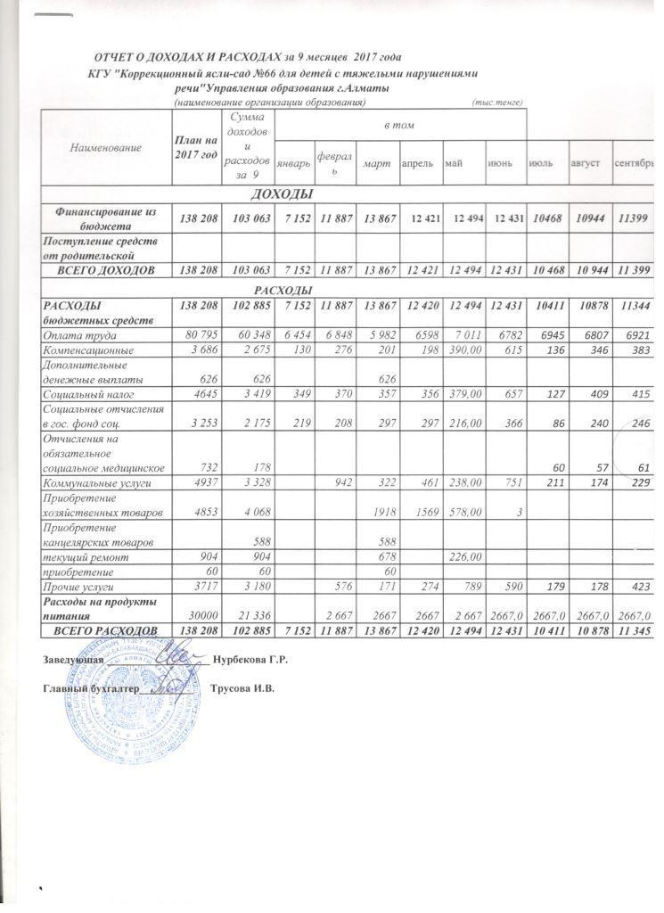 Отчет о доходах и расходах за 9 месяцев 2017 г.