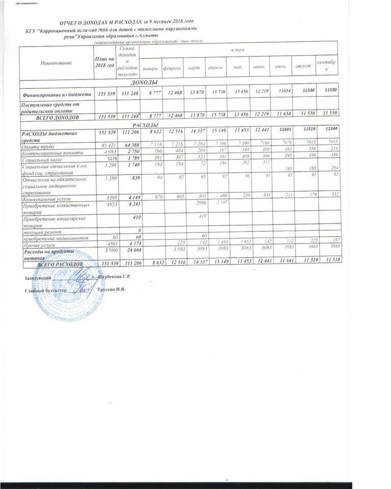 Отчет о доходах и расходах за 9 месяцев 2018г.