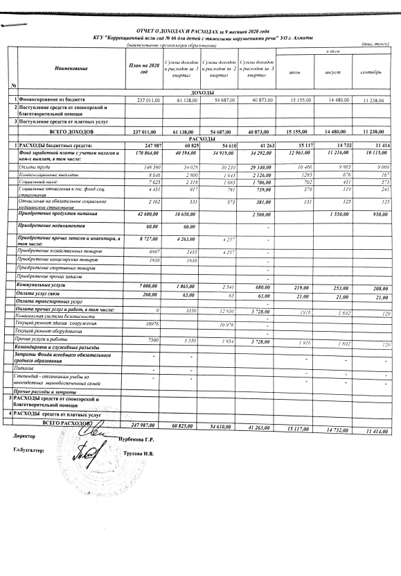 Отчет о доходах и расходах ,за 9  месяцев 2020 года